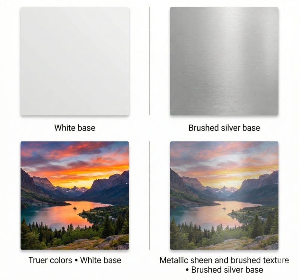 The same sunset photo printed on a white base and a silver base, side by side